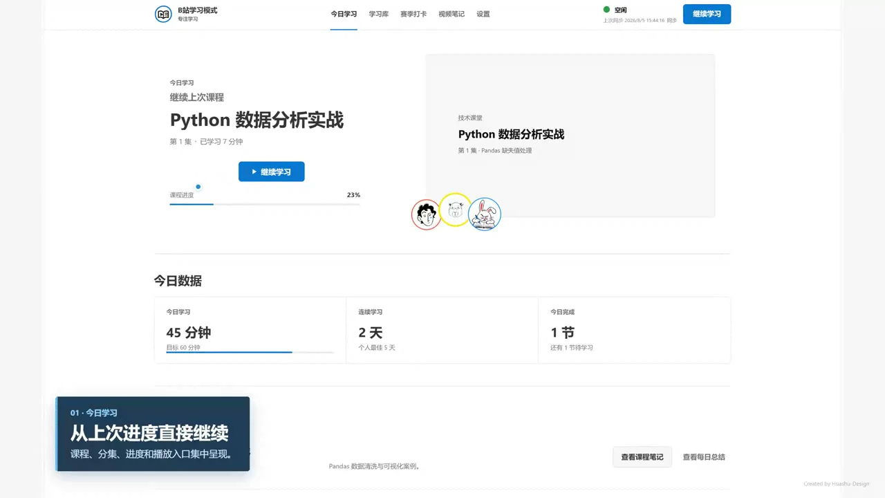 B站学习模式首页显示课程、分集进度、学习时长和继续学习入口