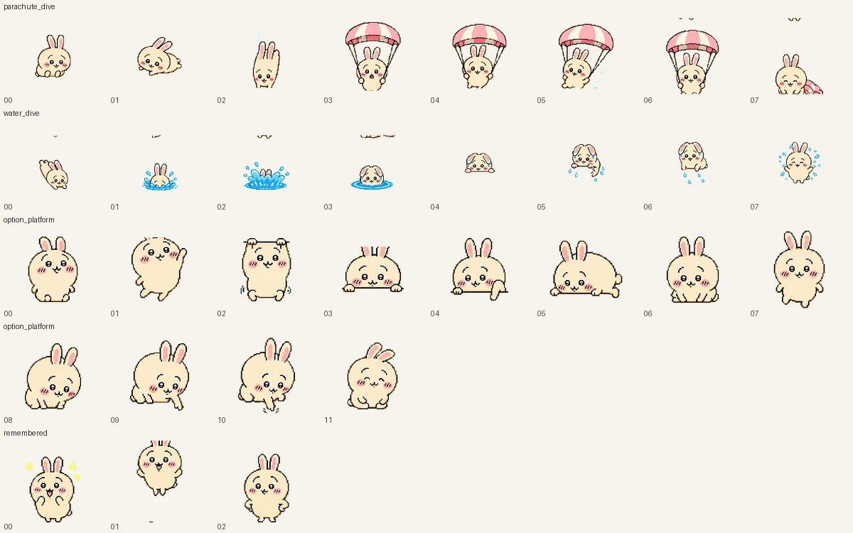 乌萨奇动作概念图，展示跳伞、入水、平台交互和记忆反馈等连续动作